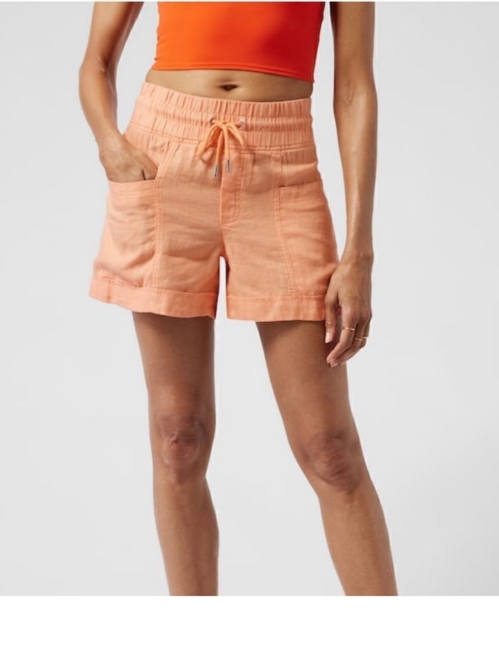 Athleta Cabo Linen Shorts 4” Women’s 8 Peach Mid Rise Outdoor Travel Beach